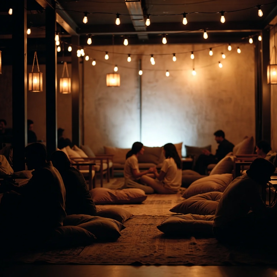 Cozy event photo zone with warm lights and soft seating