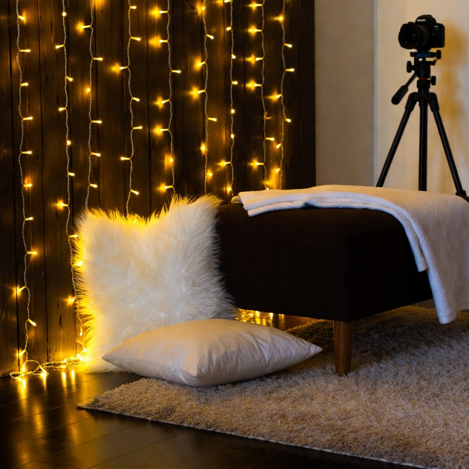 Layered wall panel photo zone with warm colors