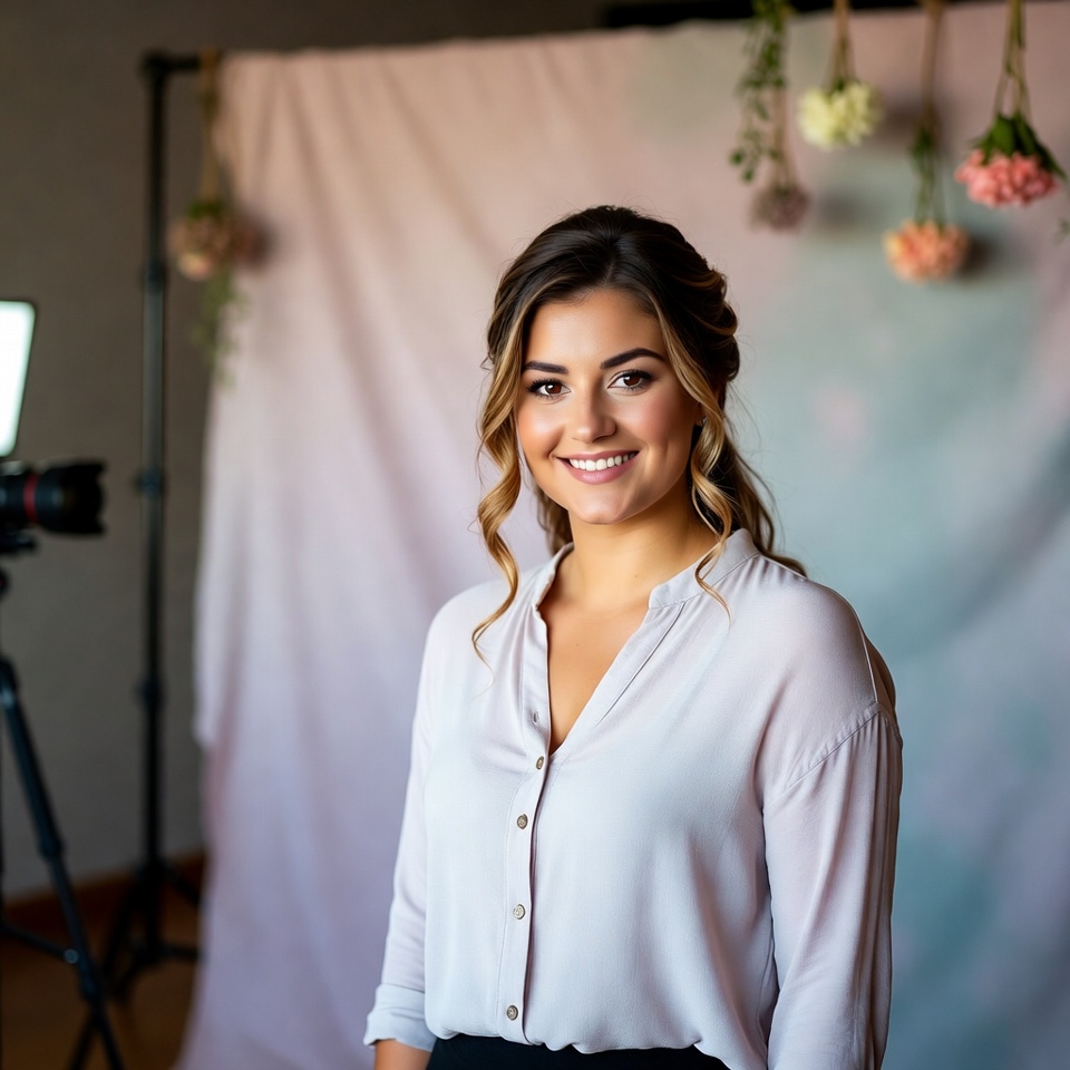 Lead photo zone designer smiling near a styled backdrop