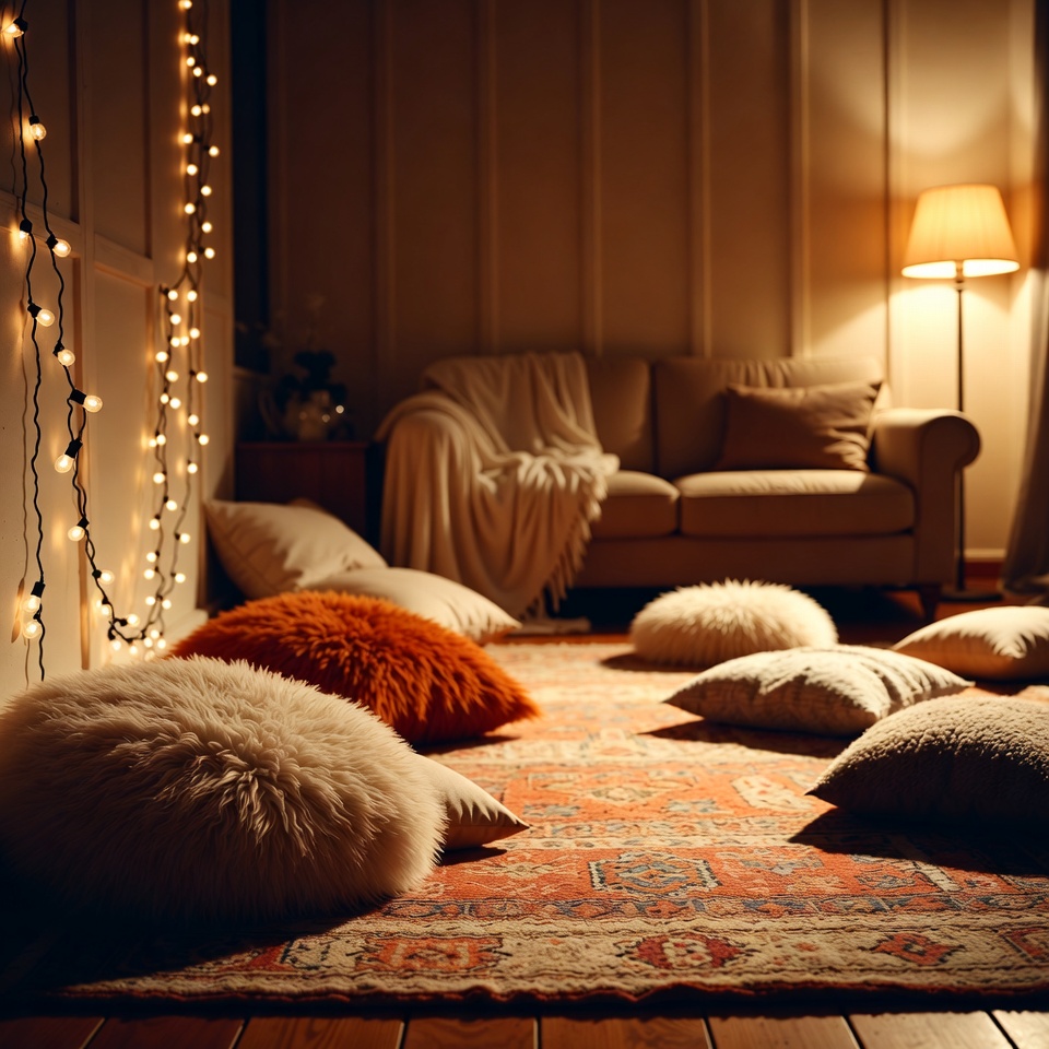 Shelves filled with textiles, frames, and warm props for photo zones