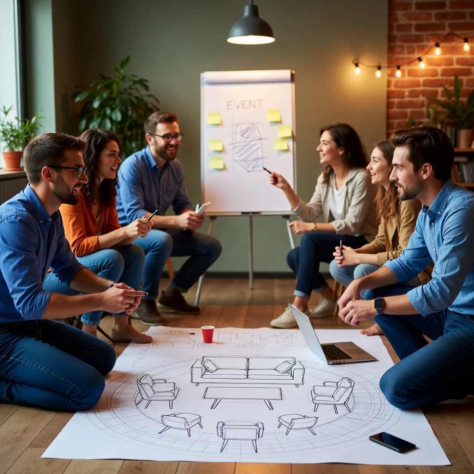 Team planning a cozy event photo zone around a floor plan